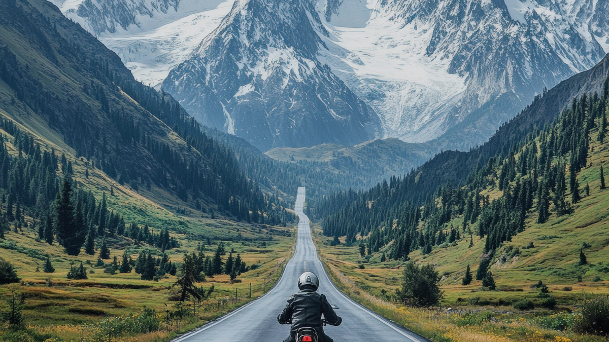 Motorista en carretera de montaña