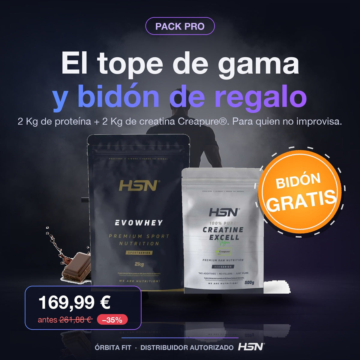 Pack PRO: proteína 2 Kg + creatina 2 Kg con bidón gratis