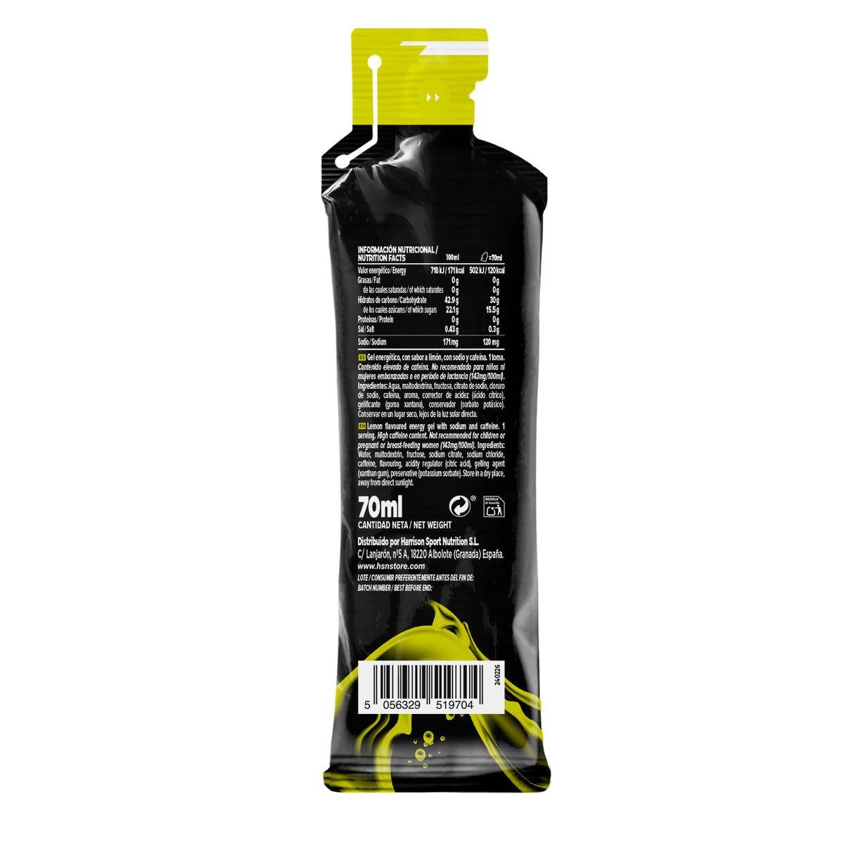 Etiqueta del Evoenergy hydrogel con cafeína