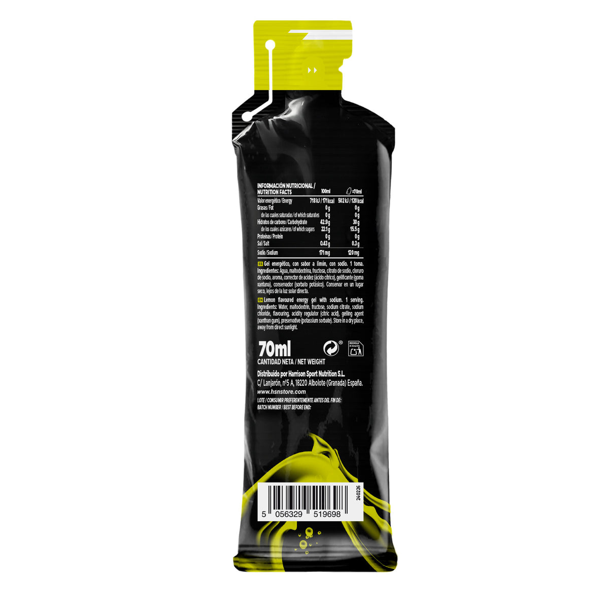 Etiqueta del Evoenergy hydrogel sin cafeína